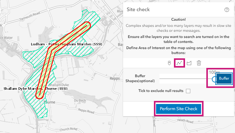 Site Check within a given distance of a line