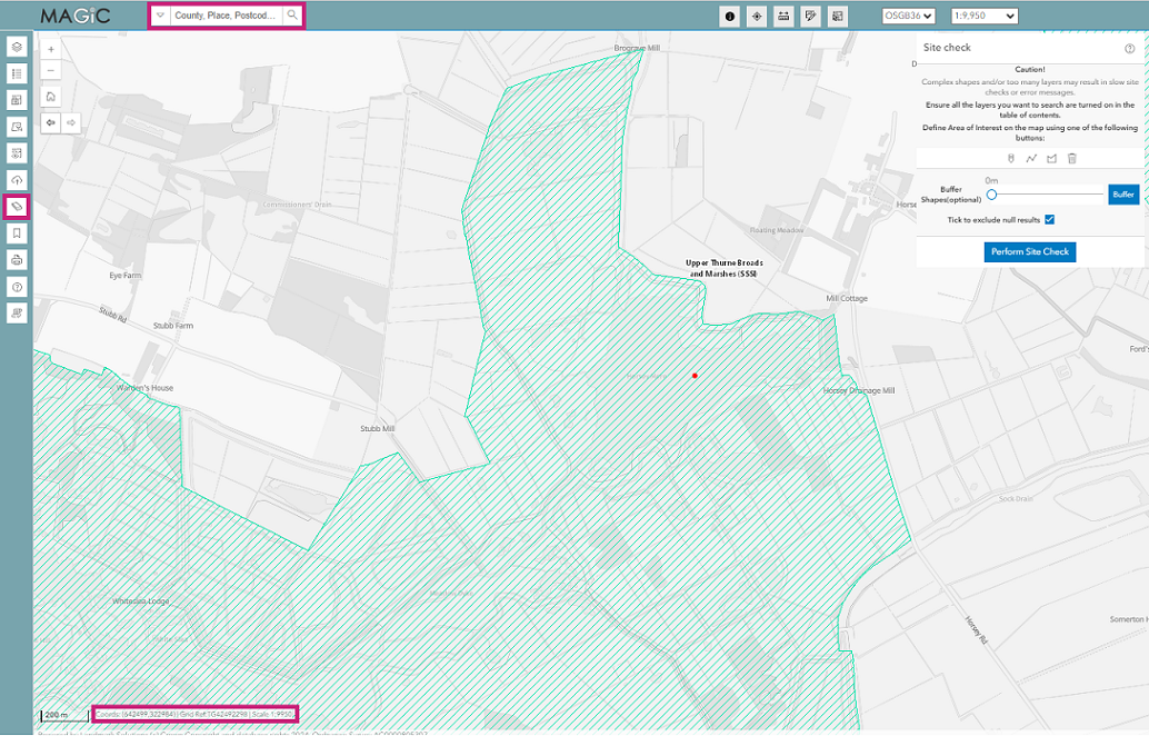 Site check at or around a grid reference