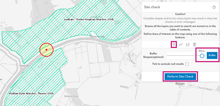 Site Check within a given radius of a point